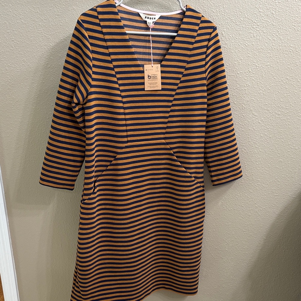 Boden Black and Tan Striped Midi Dress